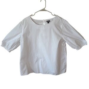 Ann Taylor Factory White Cotton Puff Sleeve Blouse XL Crew Neck Keyhole Back